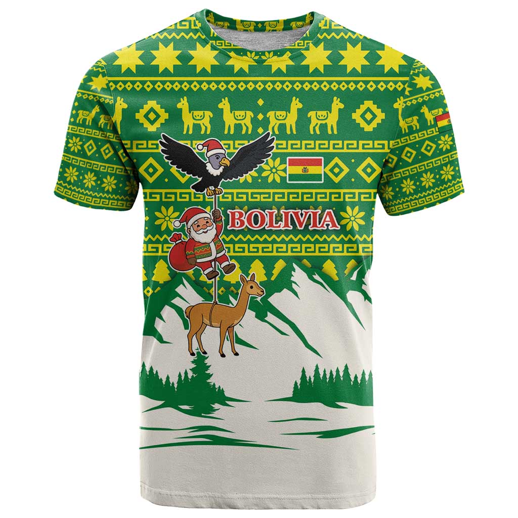Bolivia Christmas T Shirt with Santa Claus Andean Deer Condor and Traditional Pattern Design - Wonder Print Shop