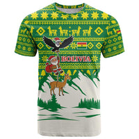 Bolivia Christmas T Shirt with Santa Claus Andean Deer Condor and Traditional Pattern Design - Wonder Print Shop