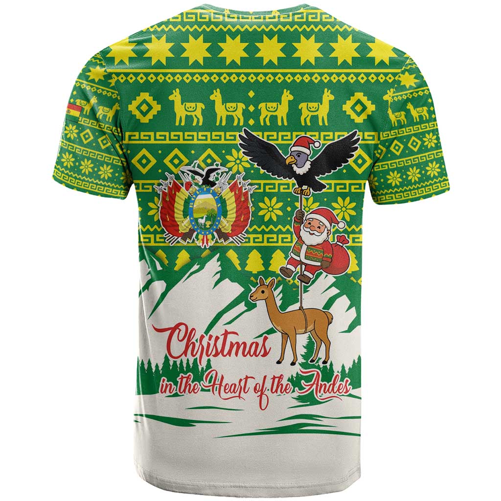 Bolivia Christmas T Shirt with Santa Claus Andean Deer Condor and Traditional Pattern Design - Wonder Print Shop