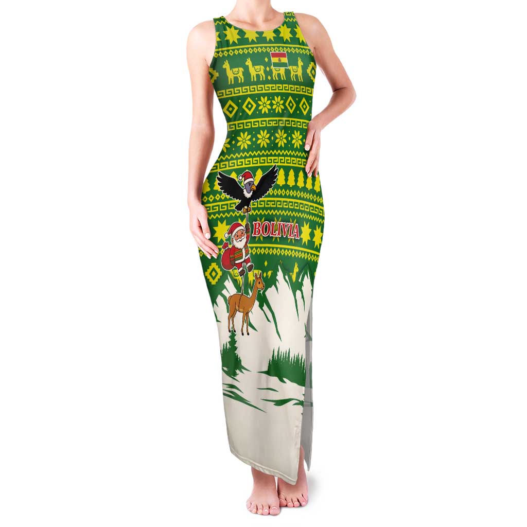 Bolivia Christmas Tank Maxi Dress with Santa Claus Andean Deer Condor and Traditional Pattern Design - Wonder Print Shop