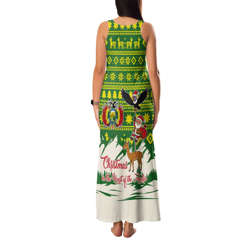 Bolivia Christmas Tank Maxi Dress with Santa Claus Andean Deer Condor and Traditional Pattern Design - Wonder Print Shop
