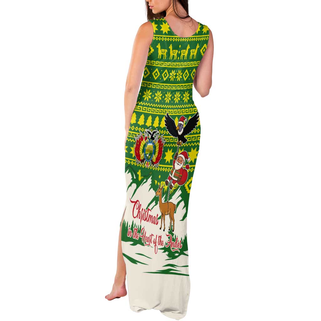 Bolivia Christmas Tank Maxi Dress with Santa Claus Andean Deer Condor and Traditional Pattern Design - Wonder Print Shop