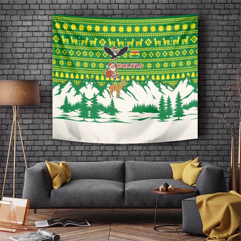 Bolivia Christmas Tapestry with Santa Claus Andean Deer Condor and Traditional Pattern Design - Wonder Print Shop