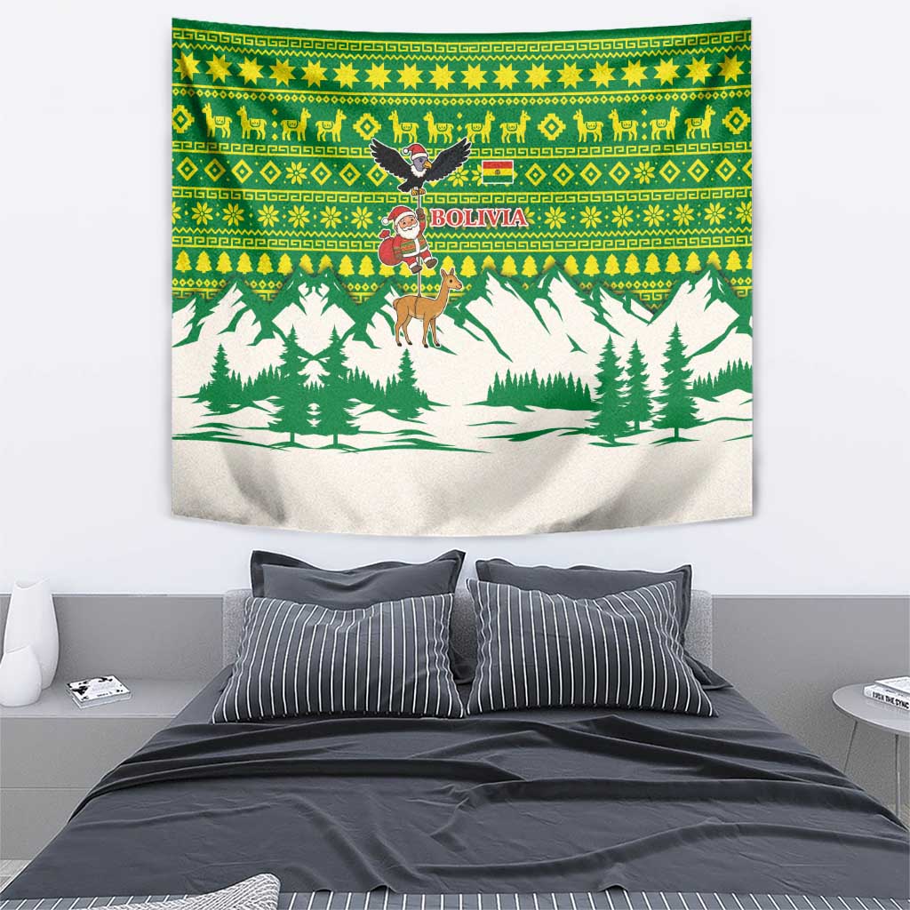 Bolivia Christmas Tapestry with Santa Claus Andean Deer Condor and Traditional Pattern Design - Wonder Print Shop