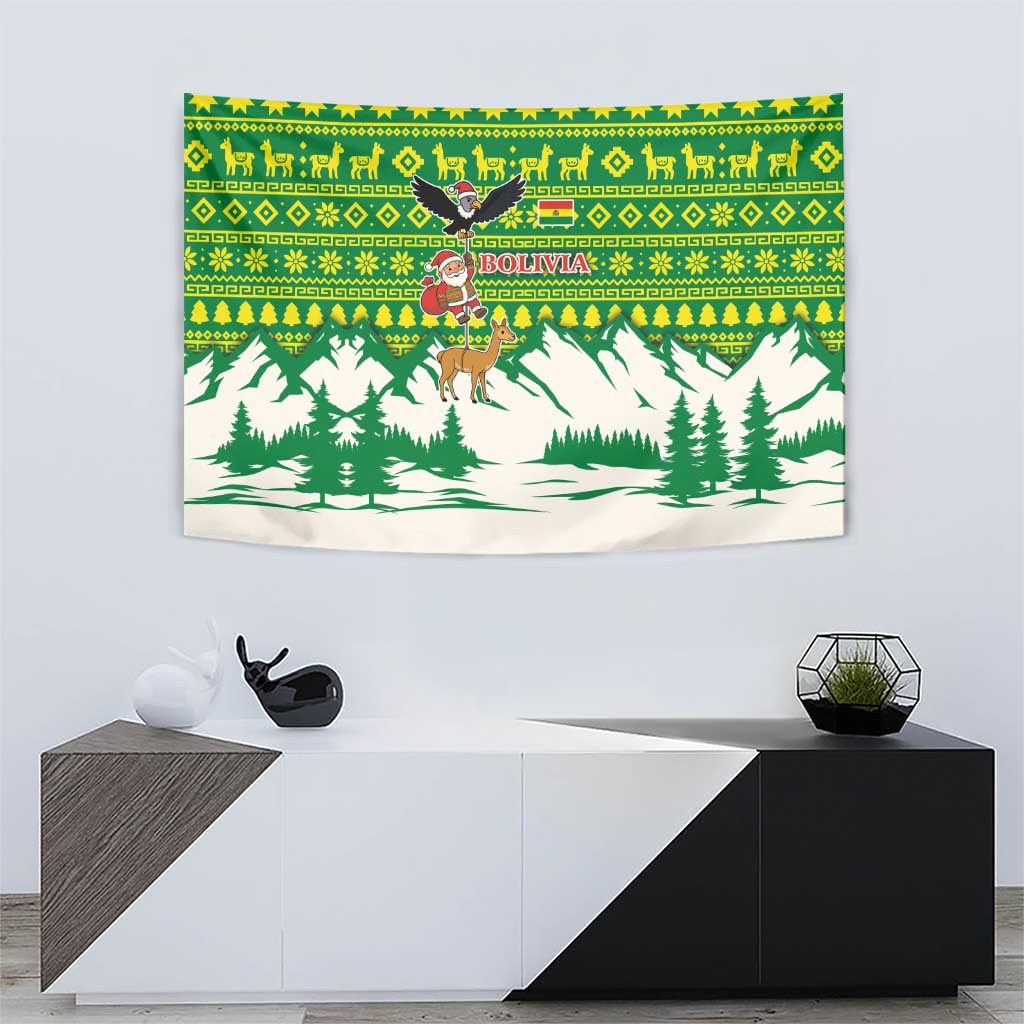 Bolivia Christmas Tapestry with Santa Claus Andean Deer Condor and Traditional Pattern Design - Wonder Print Shop