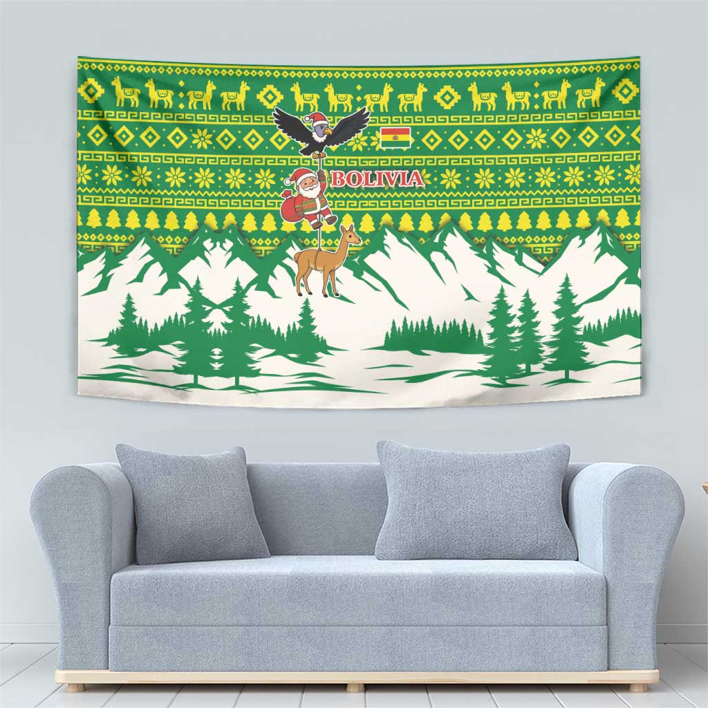 Bolivia Christmas Tapestry with Santa Claus Andean Deer Condor and Traditional Pattern Design - Wonder Print Shop