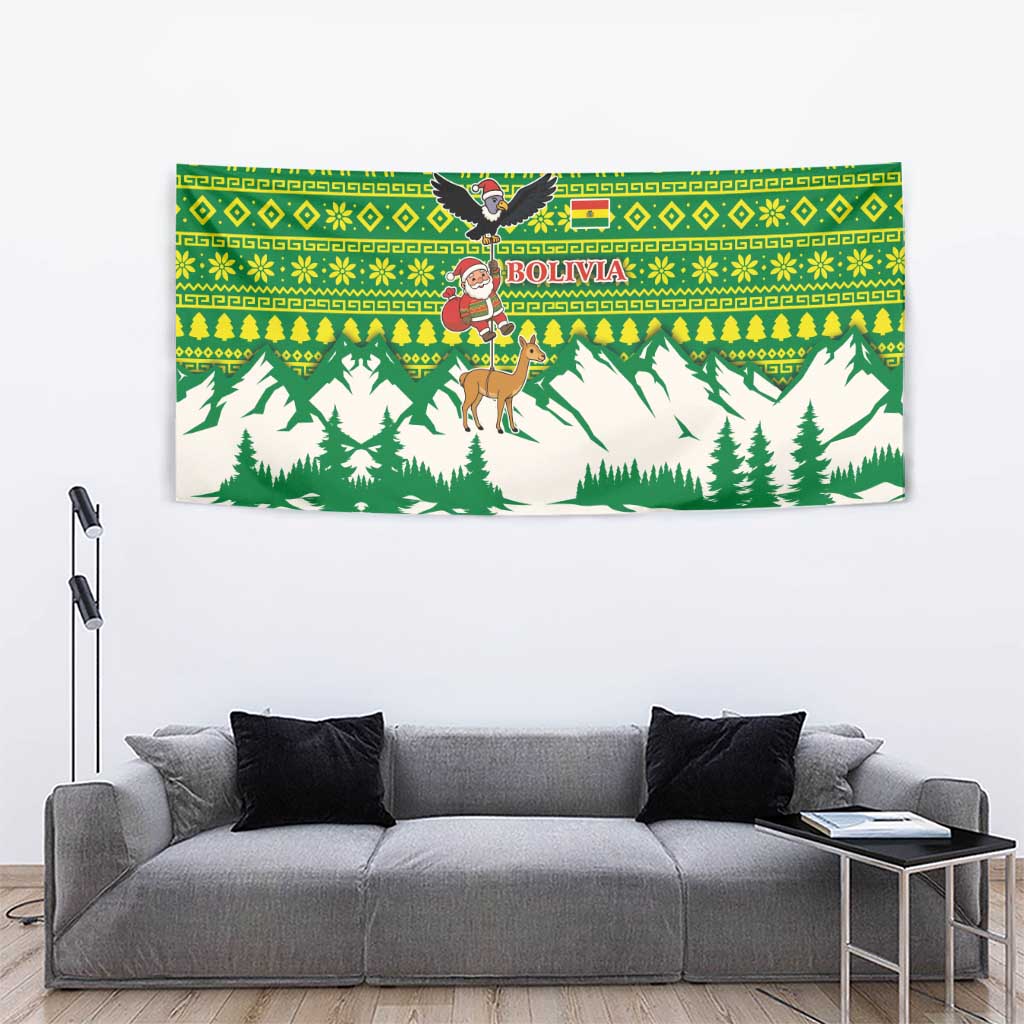 Bolivia Christmas Tapestry with Santa Claus Andean Deer Condor and Traditional Pattern Design - Wonder Print Shop
