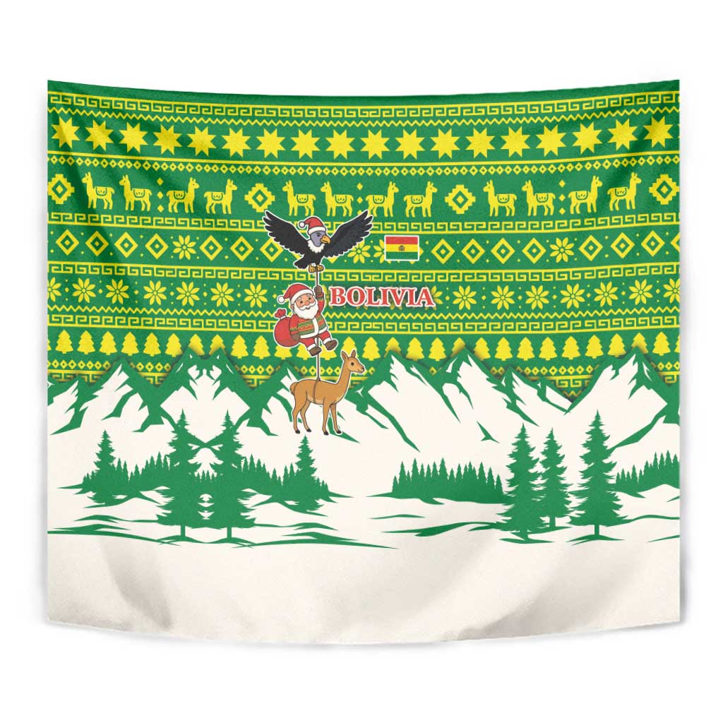 Bolivia Christmas Tapestry with Santa Claus Andean Deer Condor and Traditional Pattern Design - Wonder Print Shop