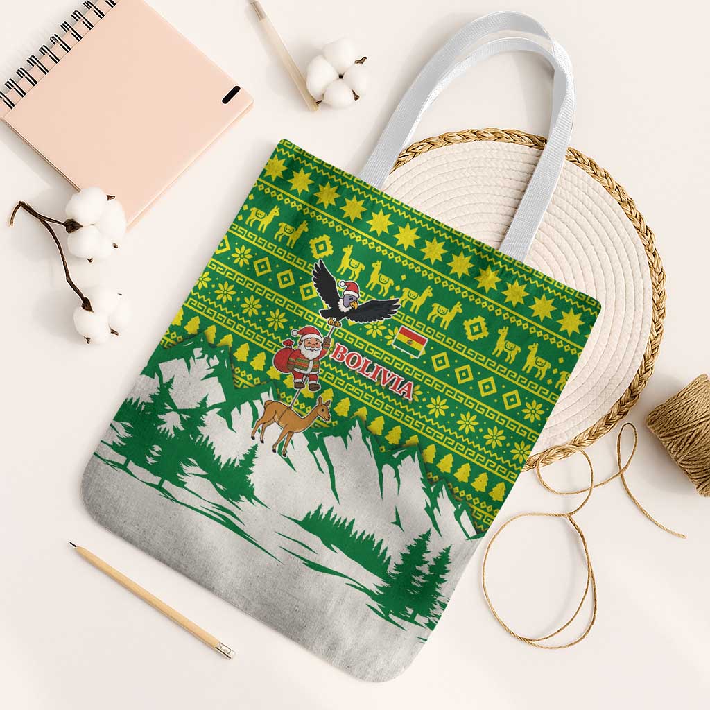 Bolivia Christmas Tote Bag with Santa Claus Andean Deer Condor and Traditional Pattern Design - Wonder Print Shop