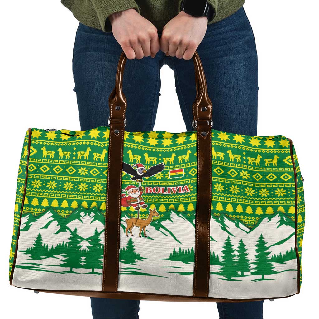 Bolivia Christmas Travel Bag with Santa Claus Andean Deer Condor and Traditional Pattern Design - Wonder Print Shop