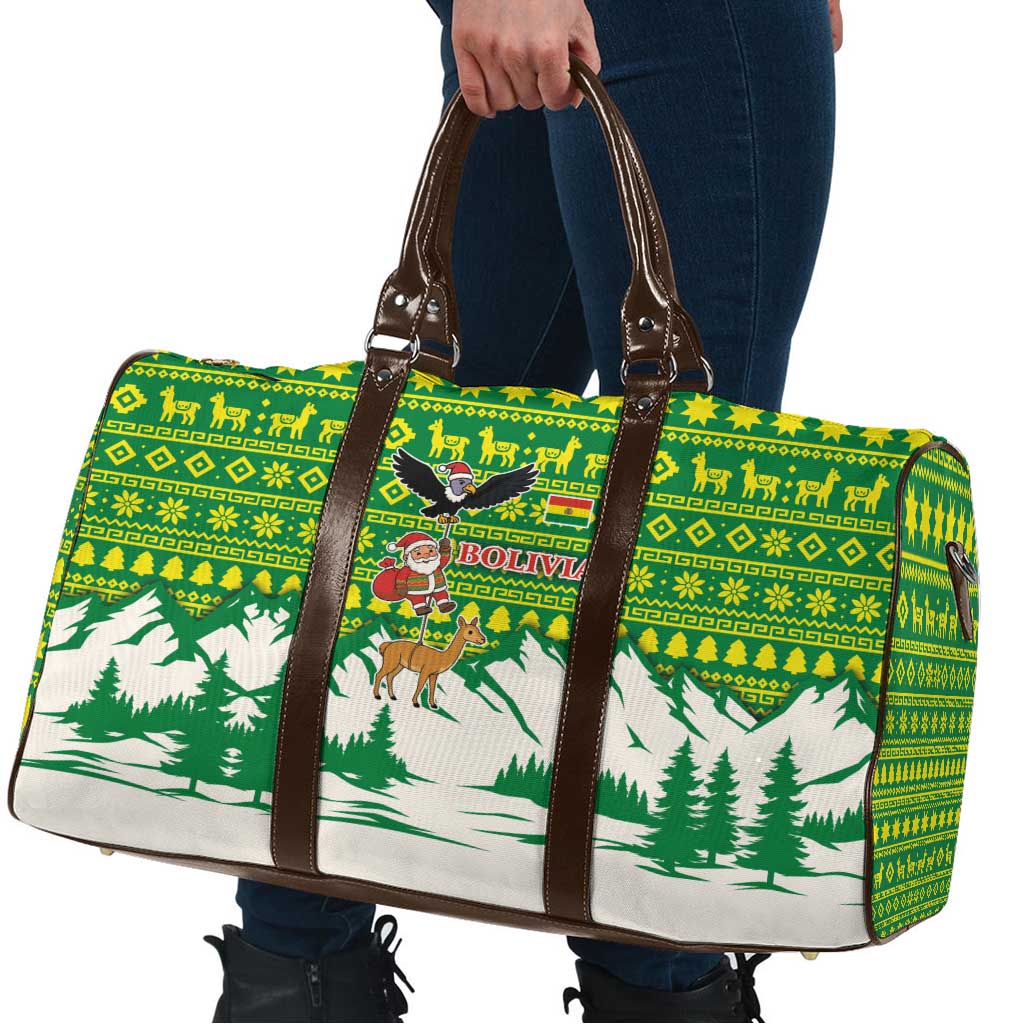 Bolivia Christmas Travel Bag with Santa Claus Andean Deer Condor and Traditional Pattern Design - Wonder Print Shop