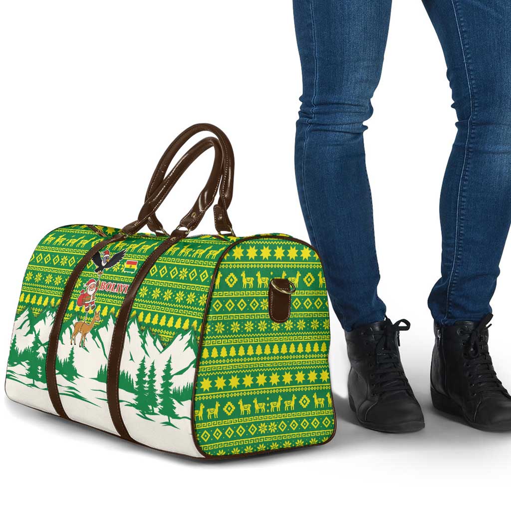 Bolivia Christmas Travel Bag with Santa Claus Andean Deer Condor and Traditional Pattern Design - Wonder Print Shop