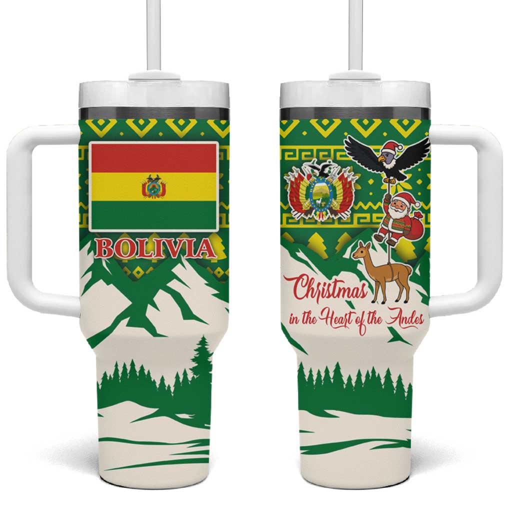 Bolivia Christmas Tumbler With Handle with Santa Claus Andean Deer Condor and Traditional Pattern Design - Wonder Print Shop