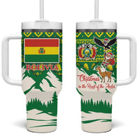 Bolivia Christmas Tumbler With Handle with Santa Claus Andean Deer Condor and Traditional Pattern Design - Wonder Print Shop