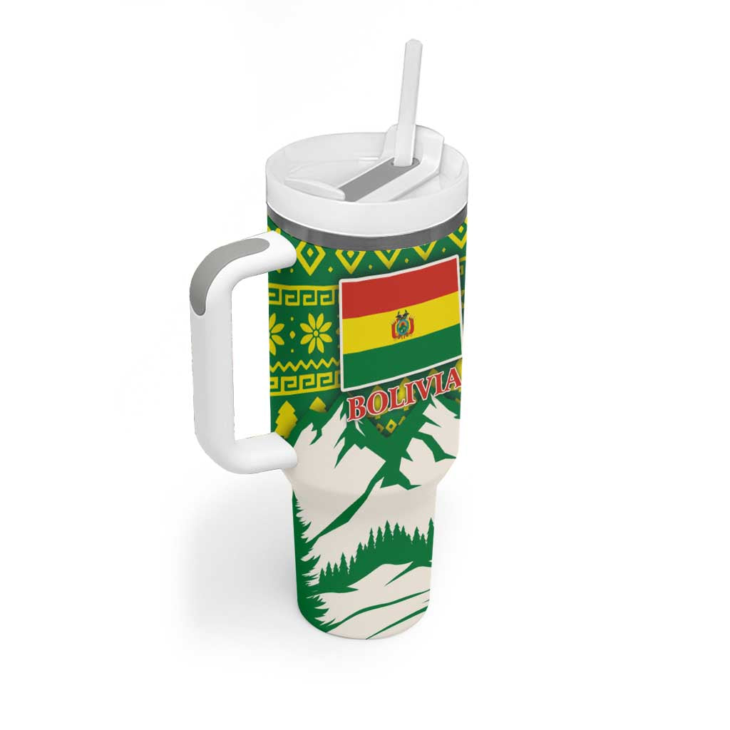 Bolivia Christmas Tumbler With Handle with Santa Claus Andean Deer Condor and Traditional Pattern Design - Wonder Print Shop