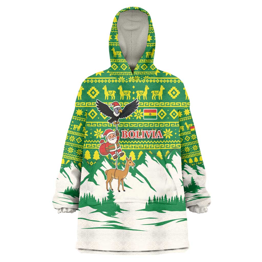 Bolivia Christmas Wearable Blanket Hoodie with Santa Claus Andean Deer Condor and Traditional Pattern Design - Wonder Print Shop