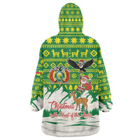 Bolivia Christmas Wearable Blanket Hoodie with Santa Claus Andean Deer Condor and Traditional Pattern Design - Wonder Print Shop