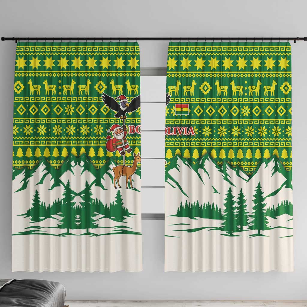 Bolivia Christmas Window Curtain with Santa Claus Andean Deer Condor and Traditional Pattern Design - Wonder Print Shop