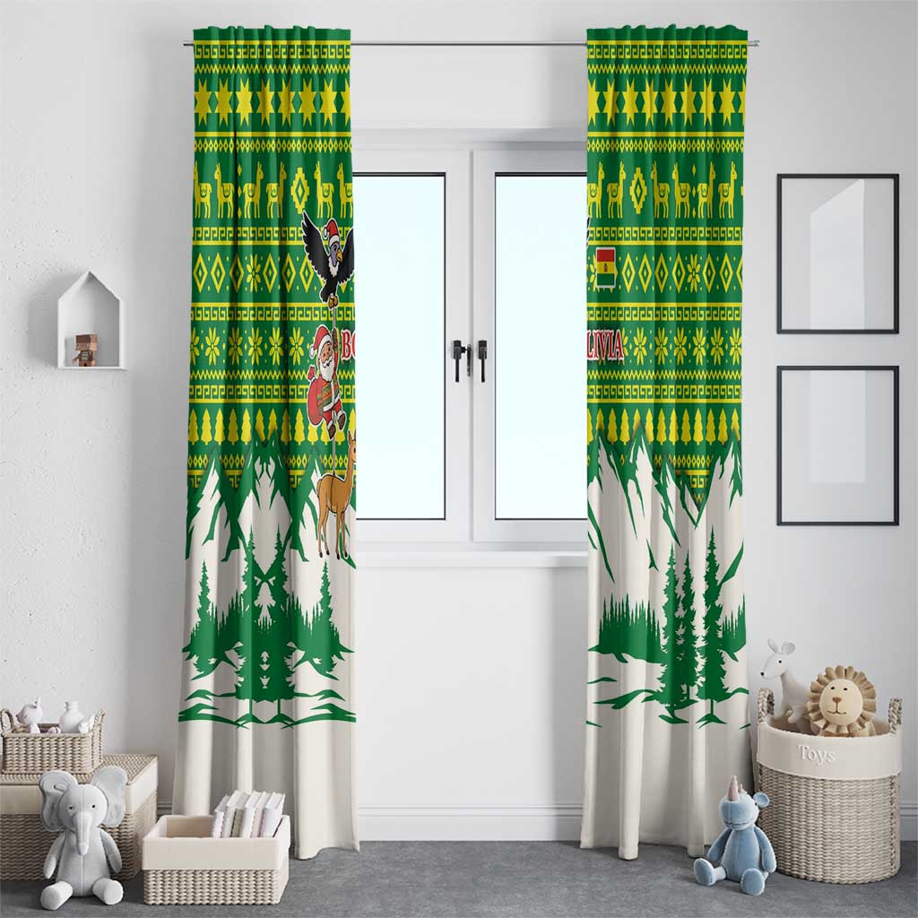 Bolivia Christmas Window Curtain with Santa Claus Andean Deer Condor and Traditional Pattern Design - Wonder Print Shop