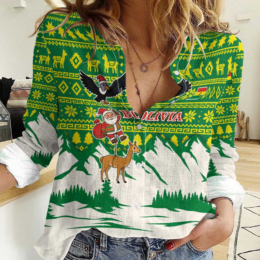 Bolivia Christmas Women Casual Shirt with Santa Claus Andean Deer Condor and Traditional Pattern Design - Wonder Print Shop