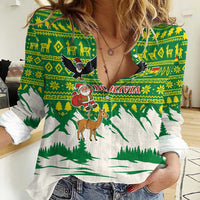 Bolivia Christmas Women Casual Shirt with Santa Claus Andean Deer Condor and Traditional Pattern Design - Wonder Print Shop