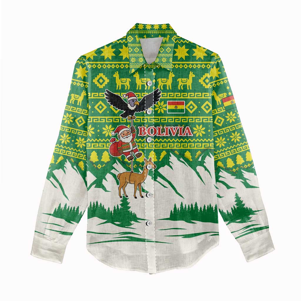 Bolivia Christmas Women Casual Shirt with Santa Claus Andean Deer Condor and Traditional Pattern Design - Wonder Print Shop