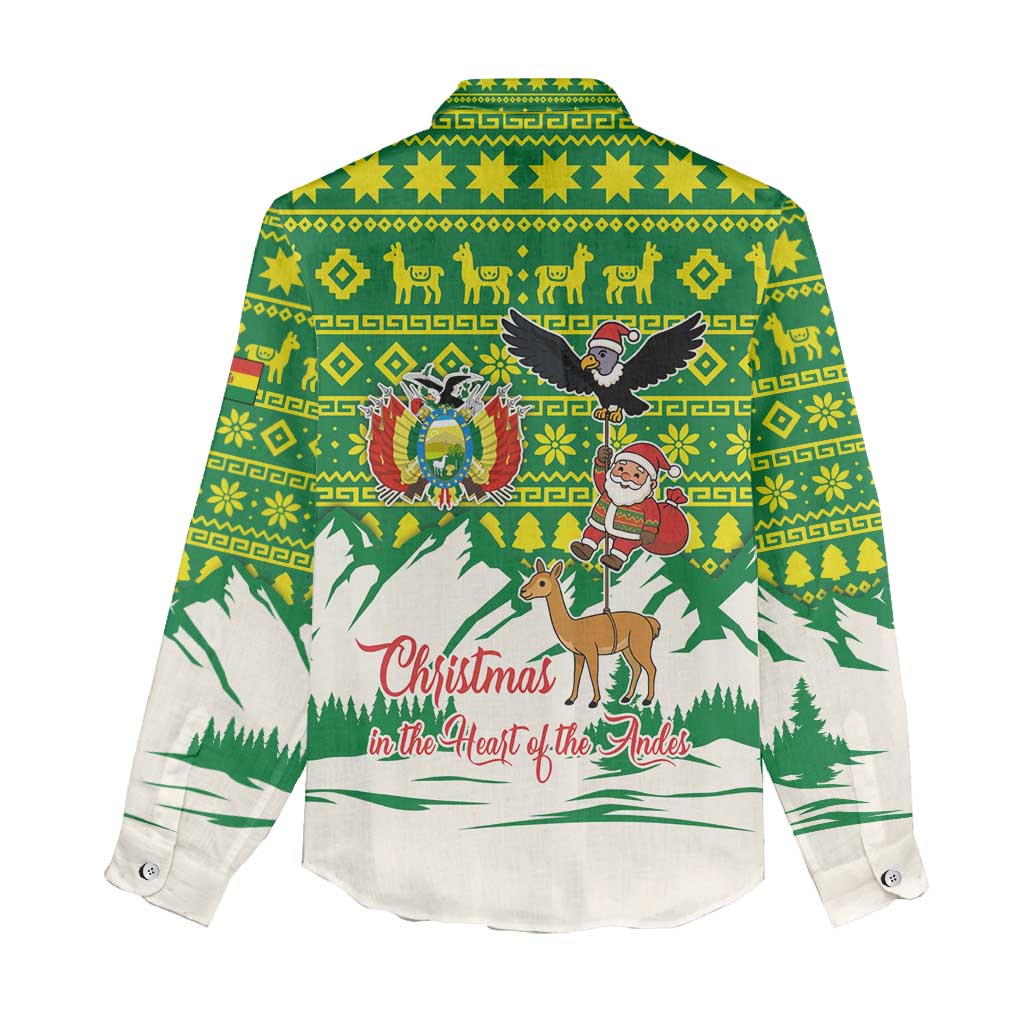 Bolivia Christmas Women Casual Shirt with Santa Claus Andean Deer Condor and Traditional Pattern Design - Wonder Print Shop