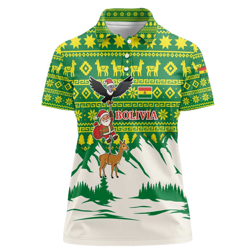 Bolivia Christmas Women Polo Shirt with Santa Claus Andean Deer Condor and Traditional Pattern Design - Wonder Print Shop