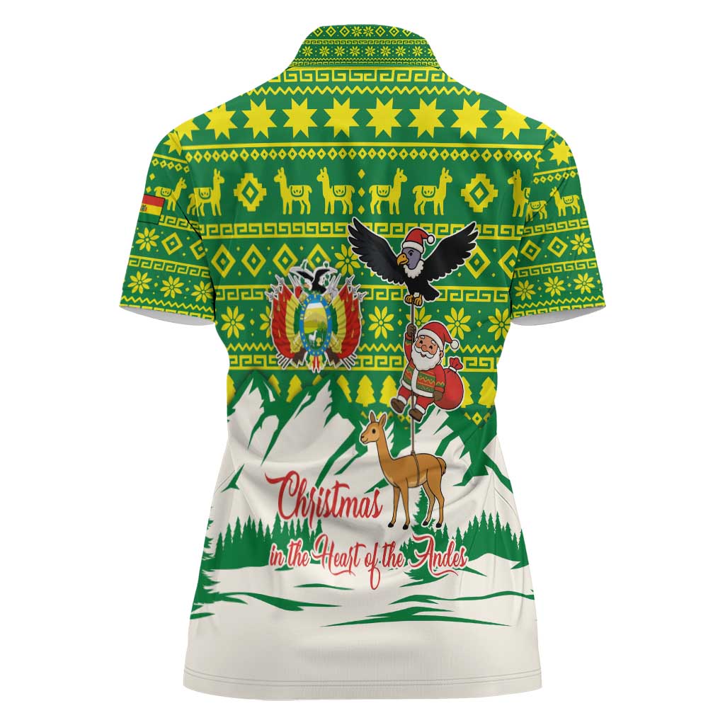 Bolivia Christmas Women Polo Shirt with Santa Claus Andean Deer Condor and Traditional Pattern Design - Wonder Print Shop