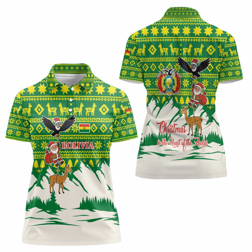 Bolivia Christmas Women Polo Shirt with Santa Claus Andean Deer Condor and Traditional Pattern Design - Wonder Print Shop