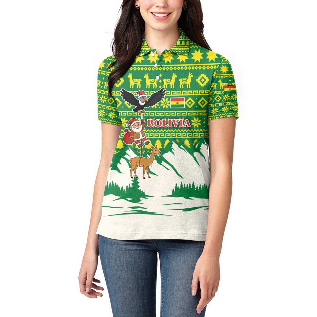 Bolivia Christmas Women Polo Shirt with Santa Claus Andean Deer Condor and Traditional Pattern Design - Wonder Print Shop