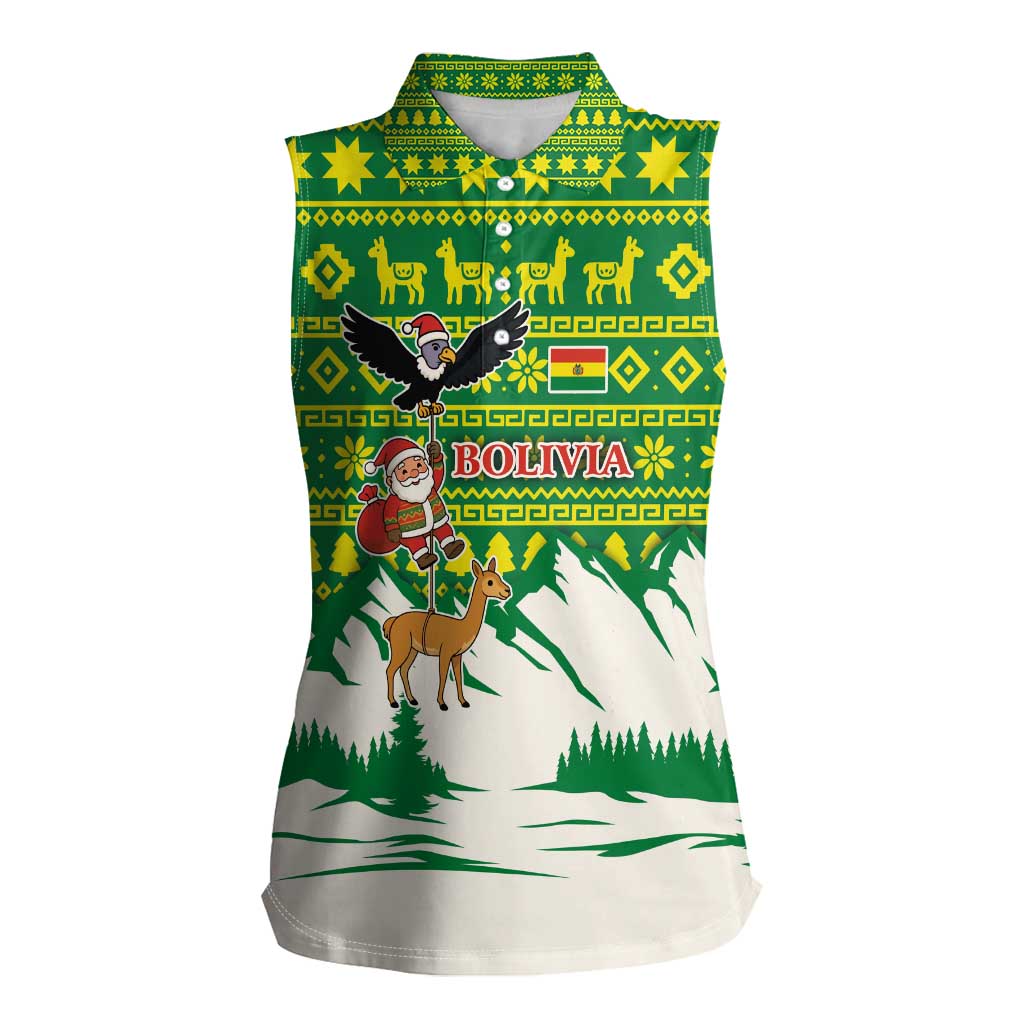 Bolivia Christmas Women Sleeveless Polo Shirt with Santa Claus Andean Deer Condor and Traditional Pattern Design - Wonder Print Shop
