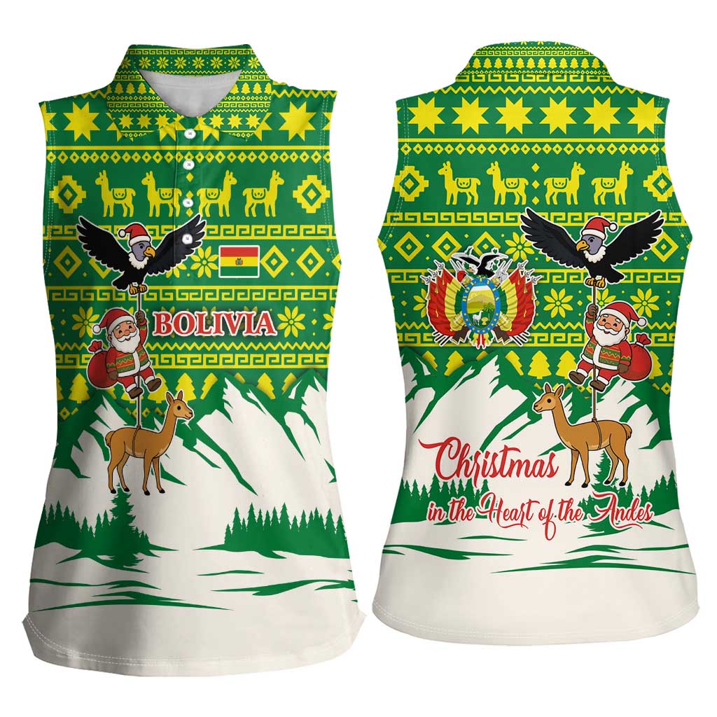 Bolivia Christmas Women Sleeveless Polo Shirt with Santa Claus Andean Deer Condor and Traditional Pattern Design - Wonder Print Shop