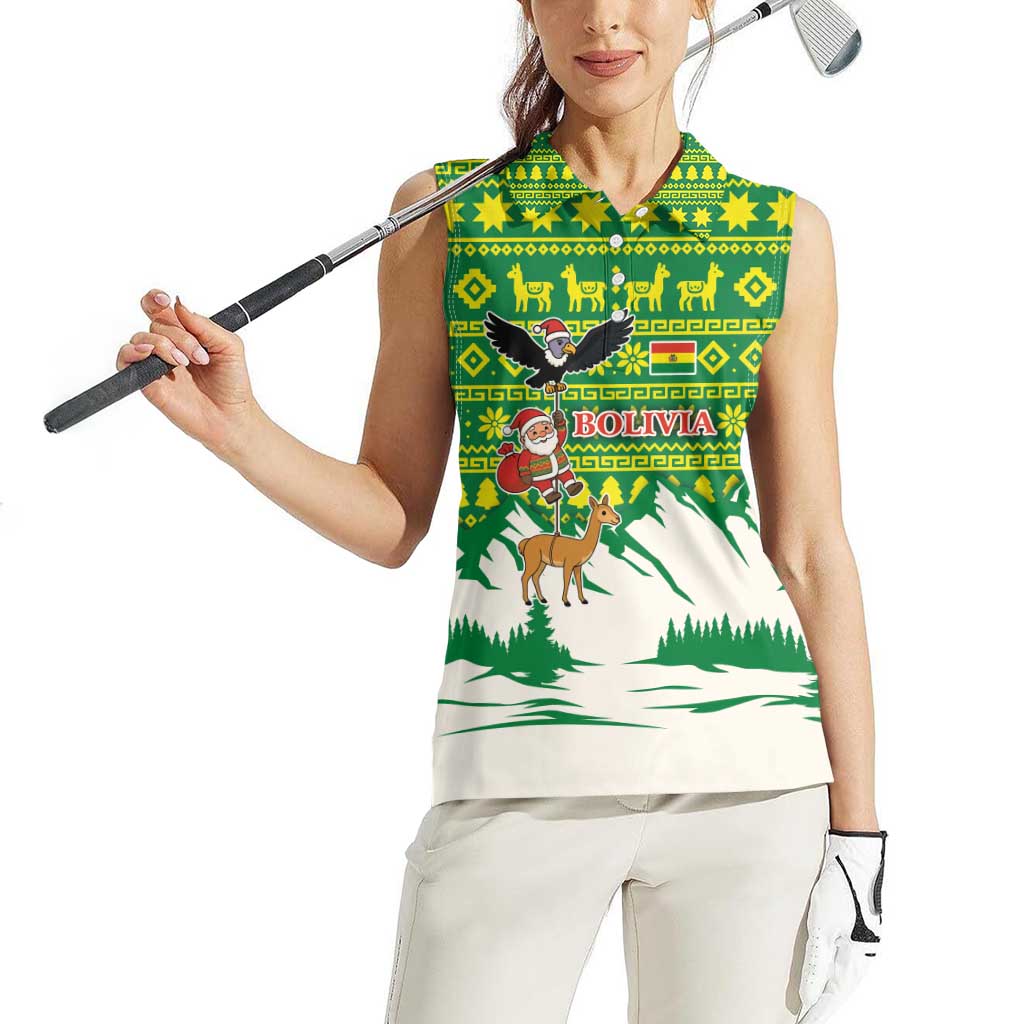 Bolivia Christmas Women Sleeveless Polo Shirt with Santa Claus Andean Deer Condor and Traditional Pattern Design - Wonder Print Shop