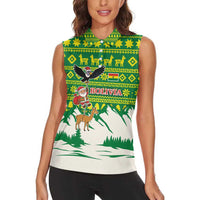 Bolivia Christmas Women Sleeveless Polo Shirt with Santa Claus Andean Deer Condor and Traditional Pattern Design - Wonder Print Shop
