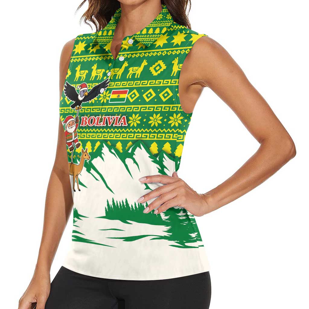 Bolivia Christmas Women Sleeveless Polo Shirt with Santa Claus Andean Deer Condor and Traditional Pattern Design - Wonder Print Shop