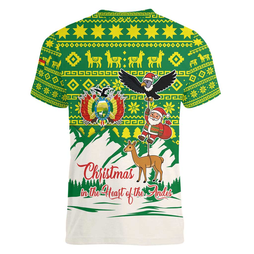 Bolivia Christmas Women V-Neck T-Shirt with Santa Claus Andean Deer Condor and Traditional Pattern Design - Wonder Print Shop