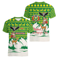 Bolivia Christmas Women V-Neck T-Shirt with Santa Claus Andean Deer Condor and Traditional Pattern Design - Wonder Print Shop