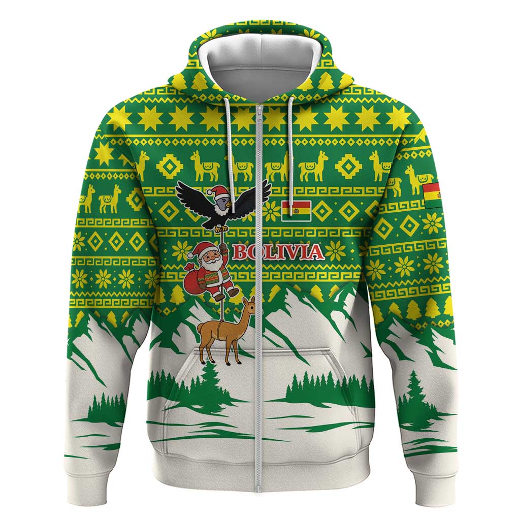 Bolivia Christmas Zip Hoodie with Santa Claus Andean Deer Condor and Traditional Pattern Design - Wonder Print Shop