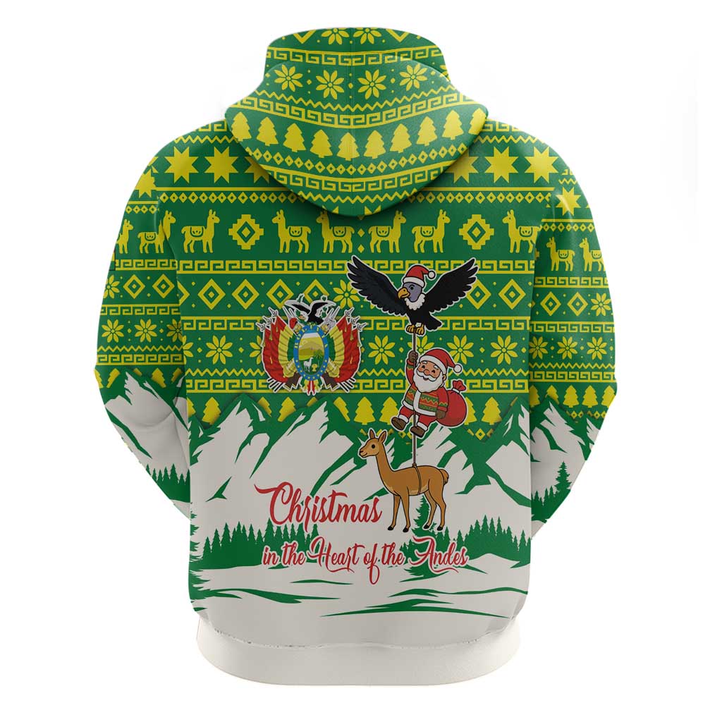 Bolivia Christmas Zip Hoodie with Santa Claus Andean Deer Condor and Traditional Pattern Design - Wonder Print Shop