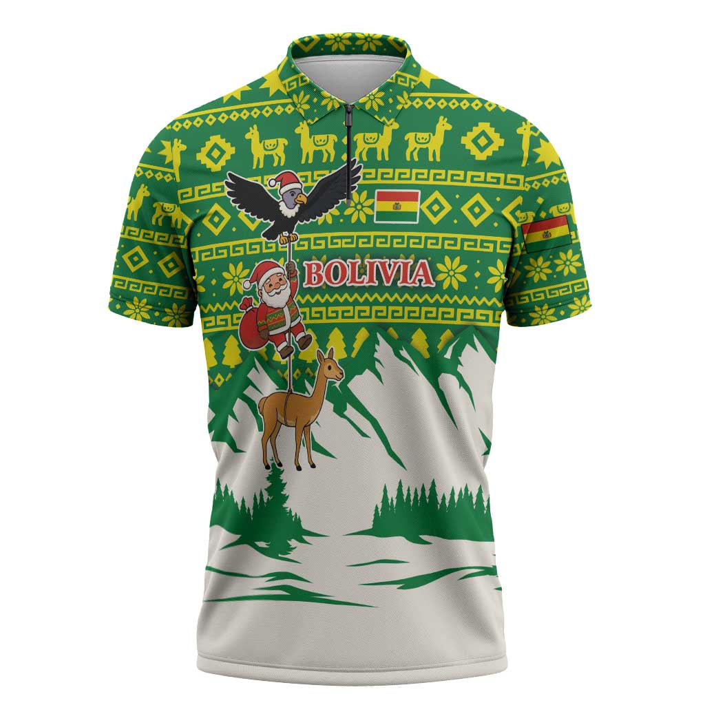 Bolivia Christmas Zipper Polo Shirt with Santa Claus Andean Deer Condor and Traditional Pattern Design - Wonder Print Shop