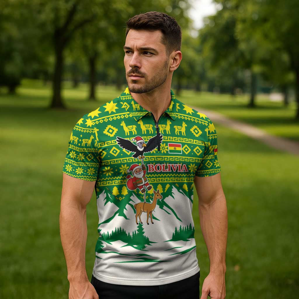 Bolivia Christmas Zipper Polo Shirt with Santa Claus Andean Deer Condor and Traditional Pattern Design - Wonder Print Shop
