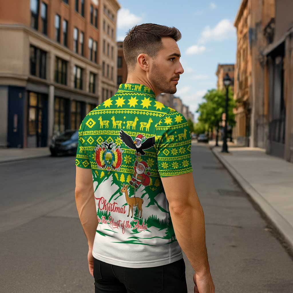 Bolivia Christmas Zipper Polo Shirt with Santa Claus Andean Deer Condor and Traditional Pattern Design - Wonder Print Shop