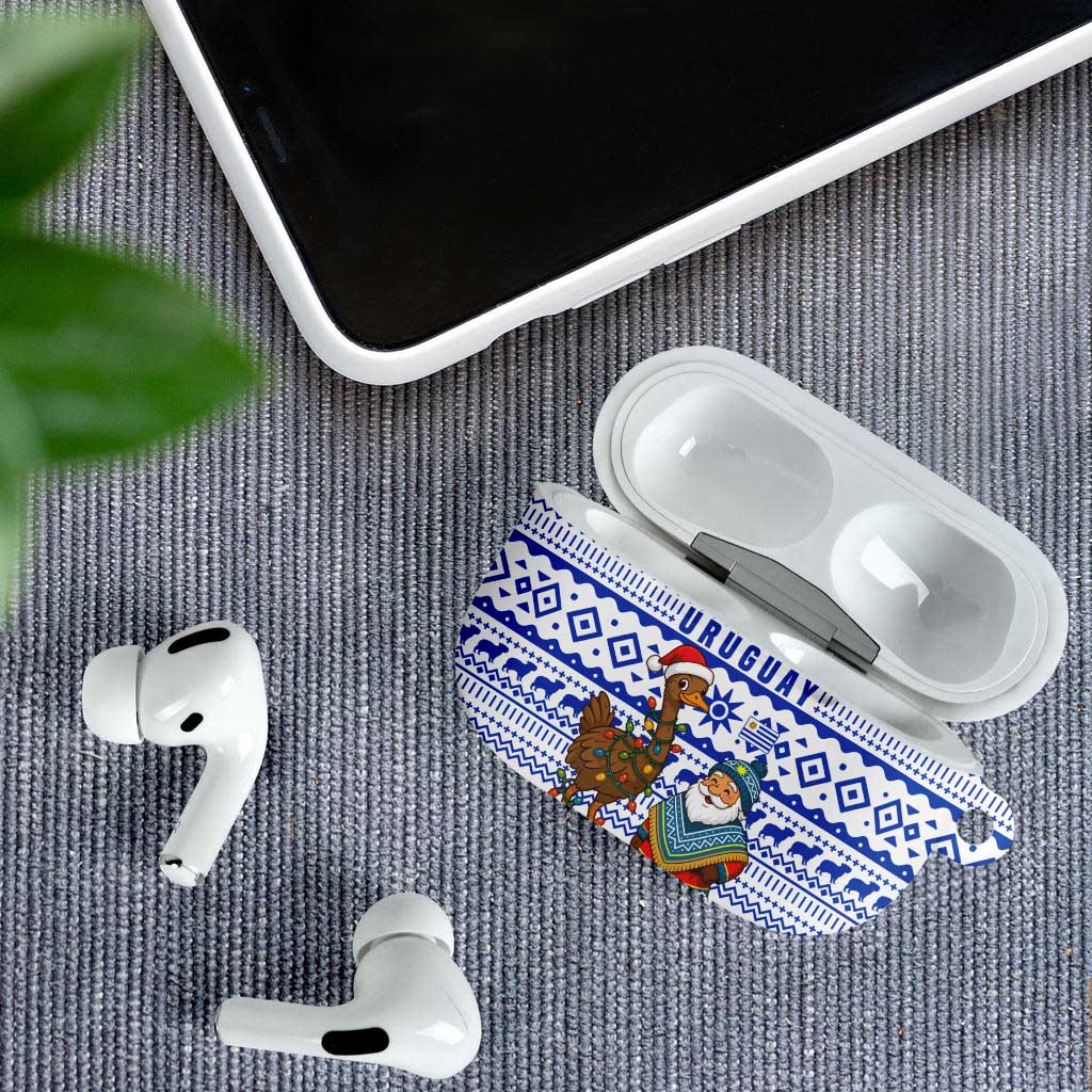 Uruguay Christmas AirPods Case with Santa Claus Rhea Bird Holiday Lights and Blue Geometric Pattern - Wonder Print Shop