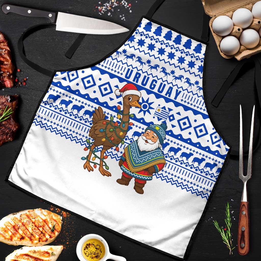 Uruguay Christmas Apron with Santa Claus Rhea Bird Holiday Lights and Blue Geometric Pattern - Wonder Print Shop