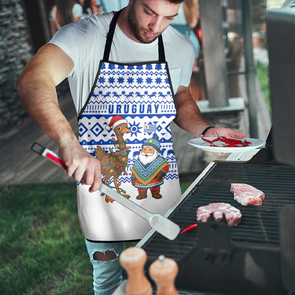 Uruguay Christmas Apron with Santa Claus Rhea Bird Holiday Lights and Blue Geometric Pattern - Wonder Print Shop