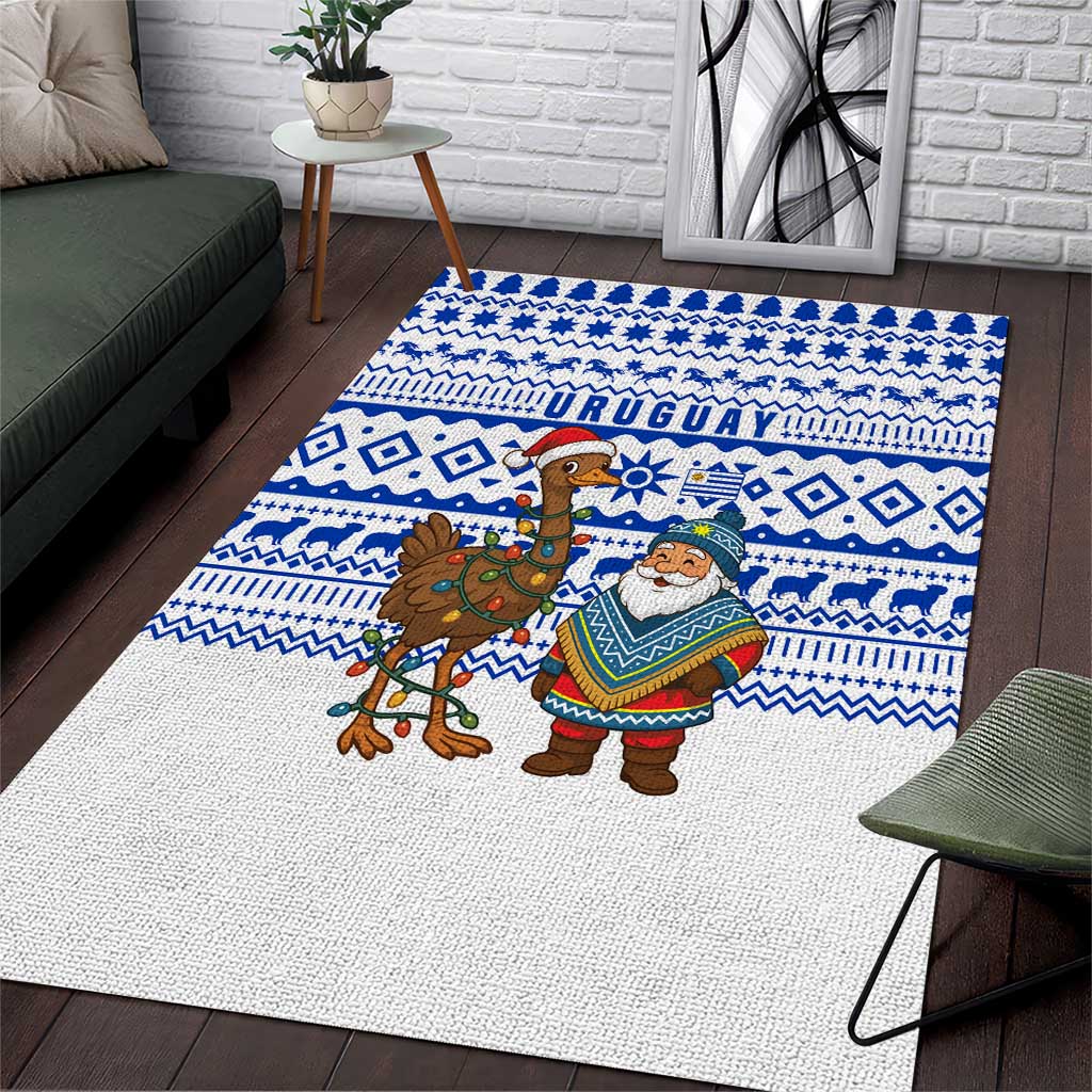 Uruguay Christmas Area Rug with Santa Claus Rhea Bird Holiday Lights and Blue Geometric Pattern - Wonder Print Shop