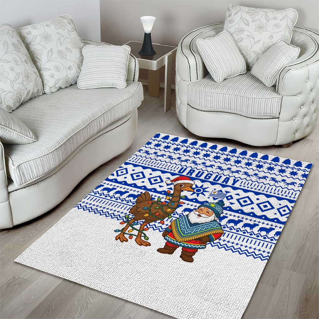 Uruguay Christmas Area Rug with Santa Claus Rhea Bird Holiday Lights and Blue Geometric Pattern - Wonder Print Shop