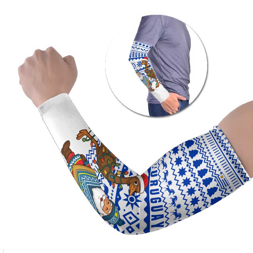 Uruguay Christmas Arm Sleeves with Santa Claus Rhea Bird Holiday Lights and Blue Geometric Pattern - Wonder Print Shop