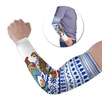 Uruguay Christmas Arm Sleeves with Santa Claus Rhea Bird Holiday Lights and Blue Geometric Pattern - Wonder Print Shop